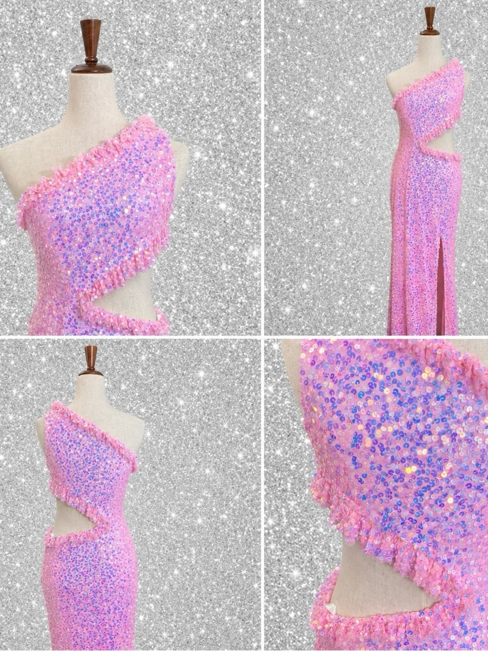 Primavera 3798 Pink Sequin One-Shoulder Cutout Formal Dress Gown Size 8